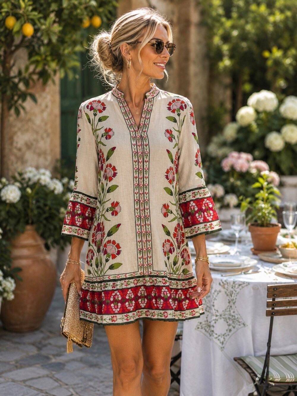 Elizabeth James The Label Frances Floral Block Print Bell Sleeve Dress Small